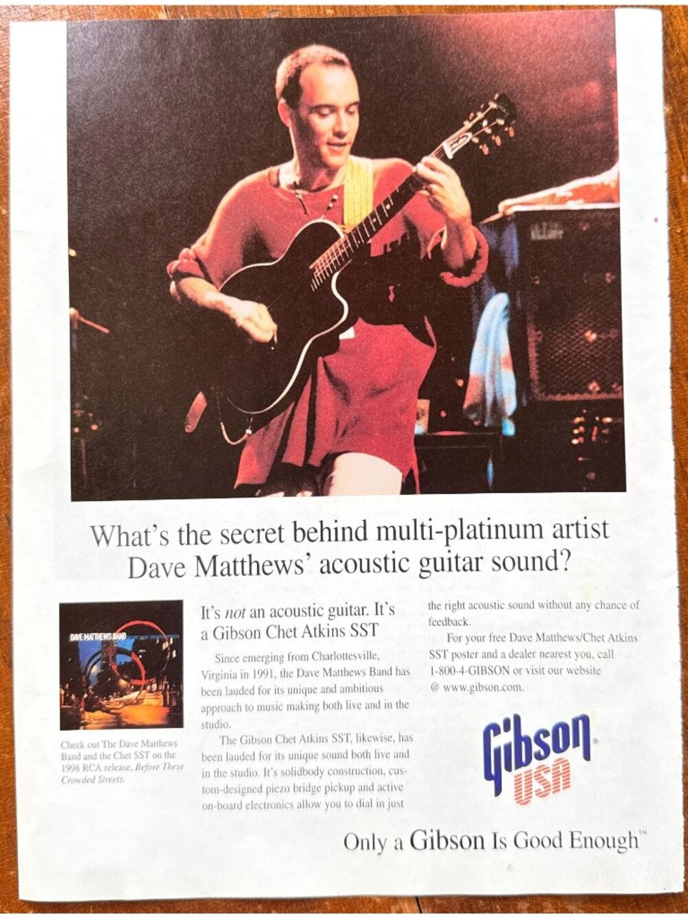 Vintage 1998 Dave Matthews Gibson Chet Atkins Guitar Magazine Advertisement Prin